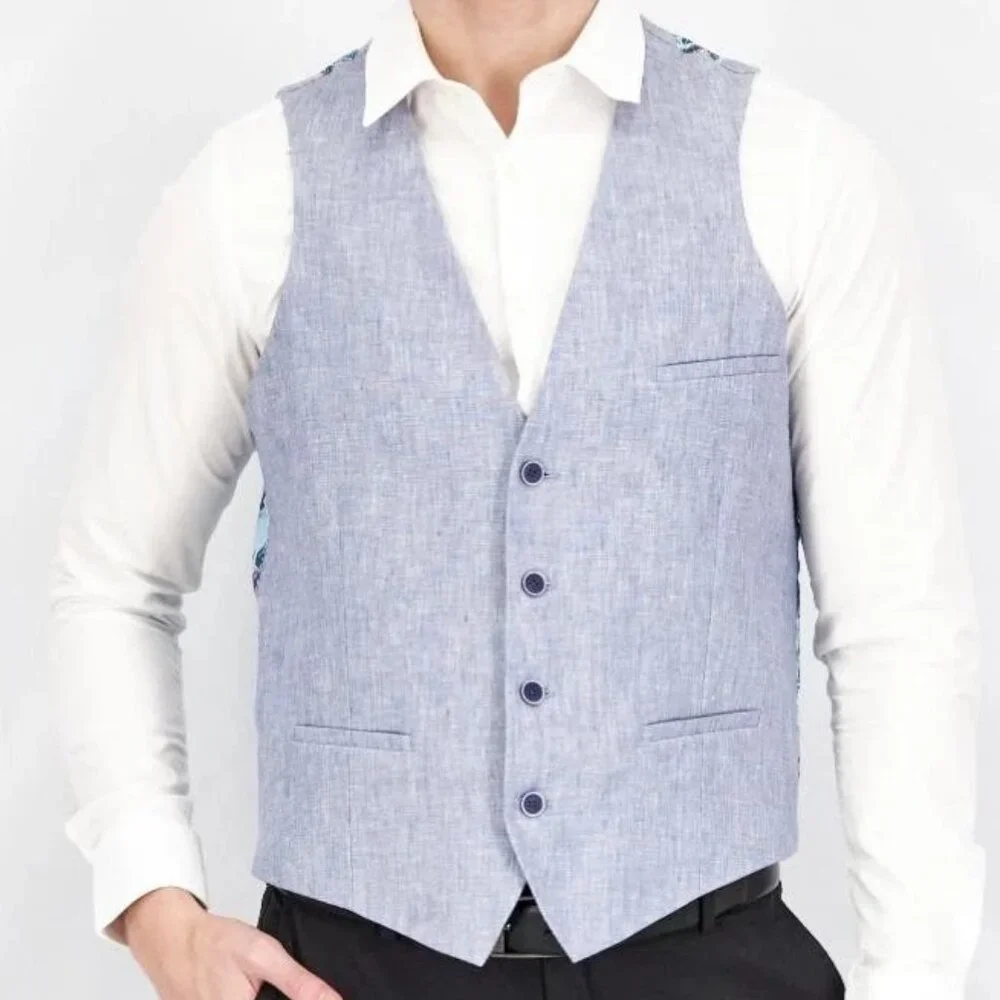 Bar III Mens Slim‎ Fit 100% Linen Suit Vest Blue Size Small E091419